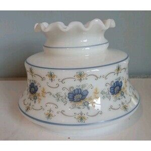 VTG Quoizel Abigail Adams 6”  Blue Floral Milk Glass Lamp Shade Fitter Ruffled